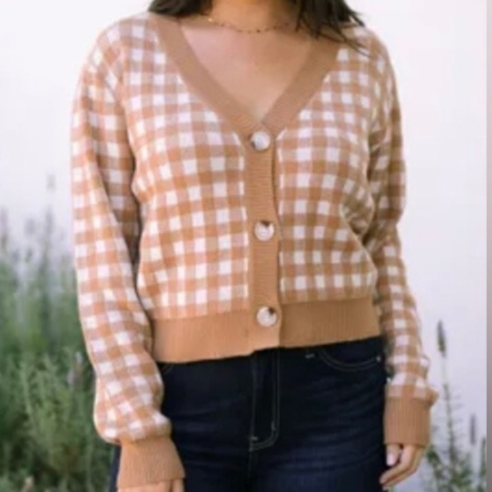 William Rast Tan and White Checkered Grandpa Cardigan Med NWOT